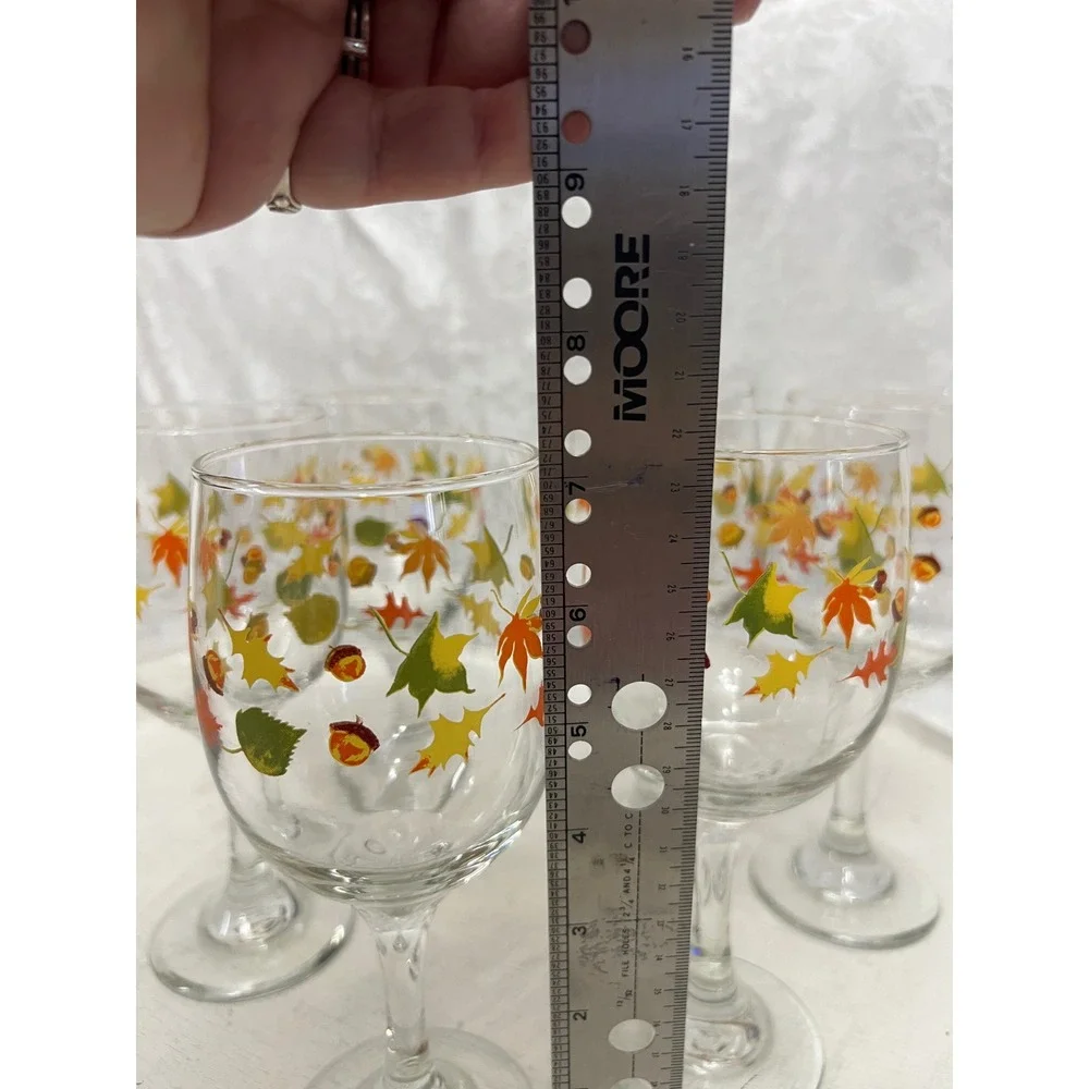 Set of 6 Fall Harvest Autumn Leaves and Acorns Stemmed Wine Glasses Thanksgiving